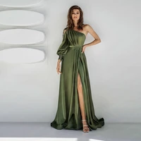 elegant one shoulder evening dress sexy long sleeves vintage satin side split beach party gown beading pleat a line custom size