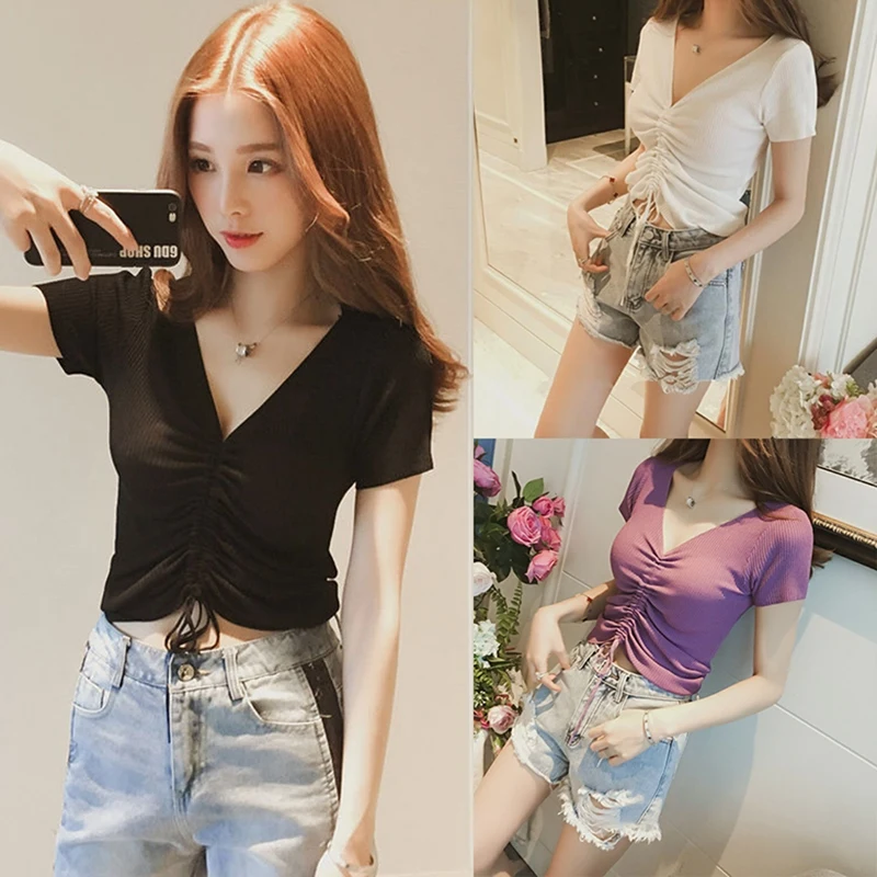 Women's Han Fan V-Neck Drawstring Slim Slim Skinny Sexy Short Tops Women's Short Sleeve T-Shirt