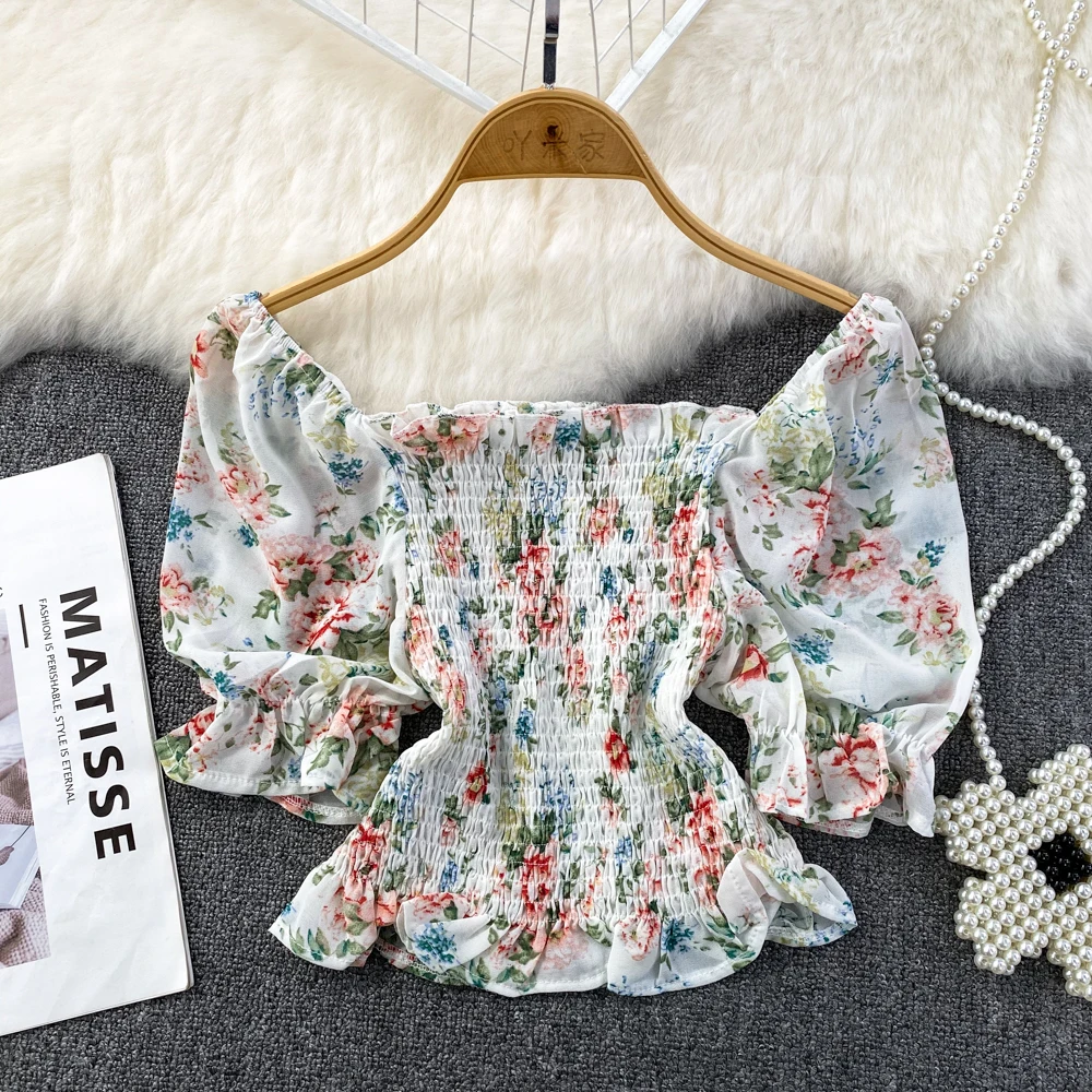 

2023 Korean Ruffle Floral Chiffon Blouse Women's Summer Short Sleeve Square Neck Short Women Blouses Casual Tops