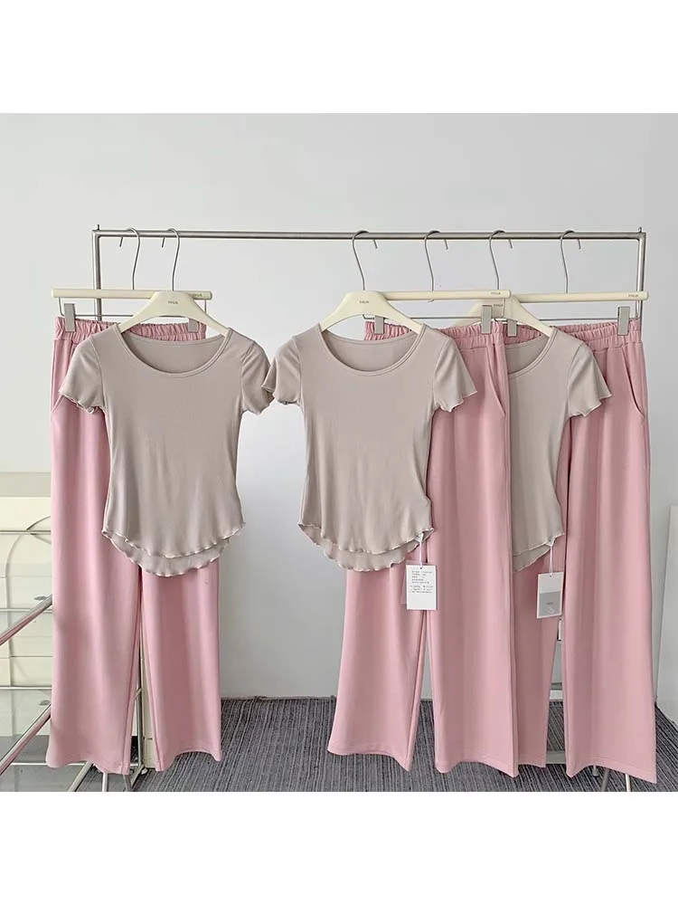 2022 Summer Soft Cotton Women's Two Piece Set Fashion O Neck Top Stretch Outdoor Casual Outfits T-Shirt & Solid Baggy Joggers