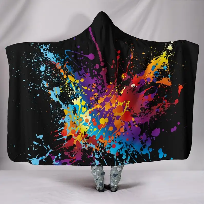 

Colorful Abstract Art Paint Splatter Black Hooded Blanket for Adults and Kids, Sherpa Blanket with a Hood, Soft Blanket, Splash
