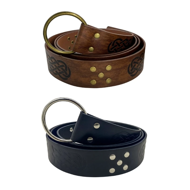 

Medieval Vintage Belt for Men Knight Belt Embossed PU Leather O-Ring Belt H8WC