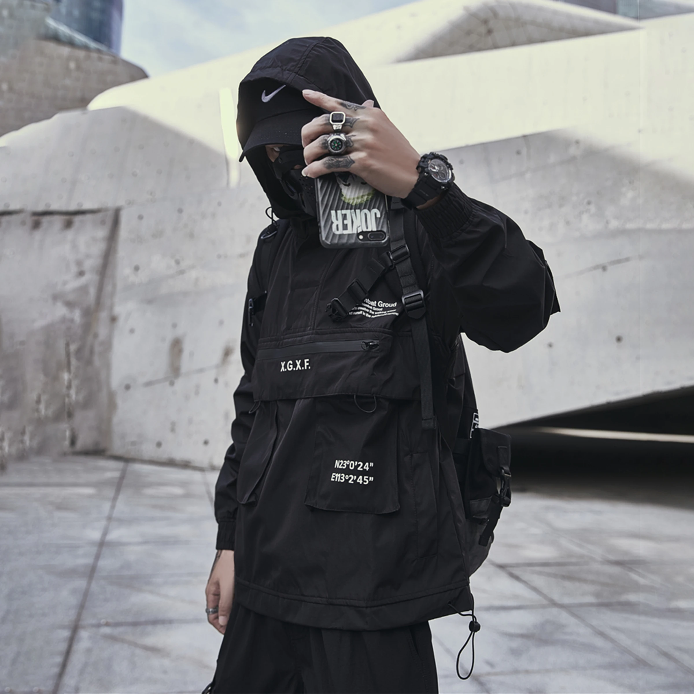 Темный панк Харадзюку Тактический Костюм с капюшоном свободная куртка-карго