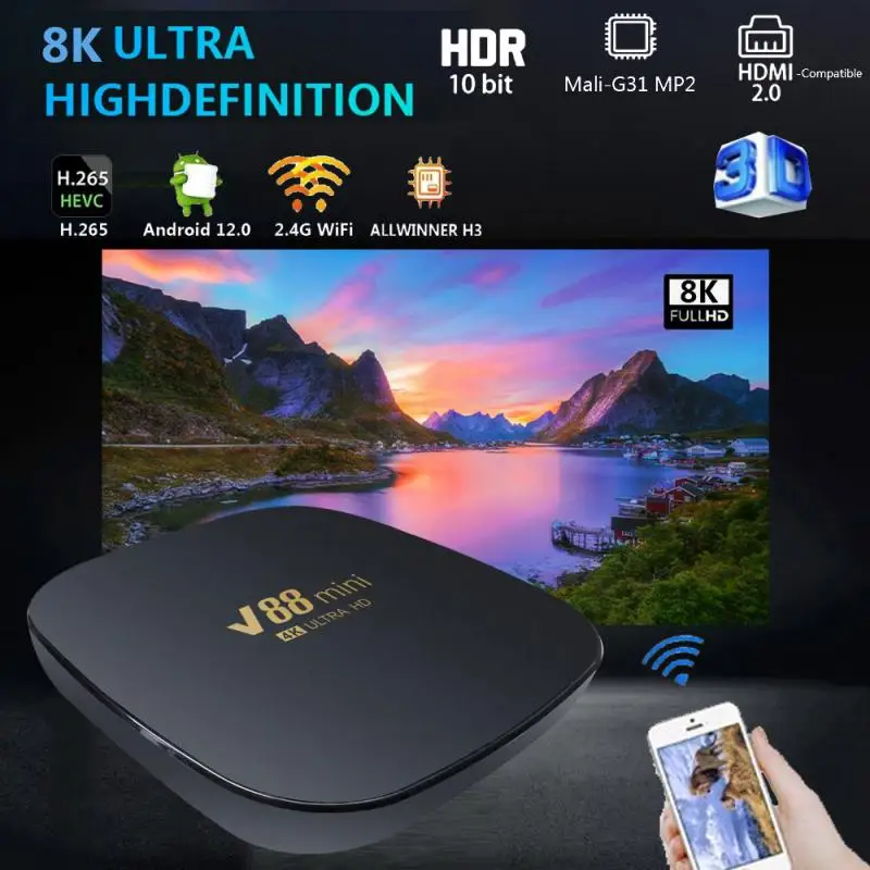 

ТВ-приставка V88 mini на Android 12, 1 + 8 Гб, 2,4 ГГц, Wi-Fi, BT