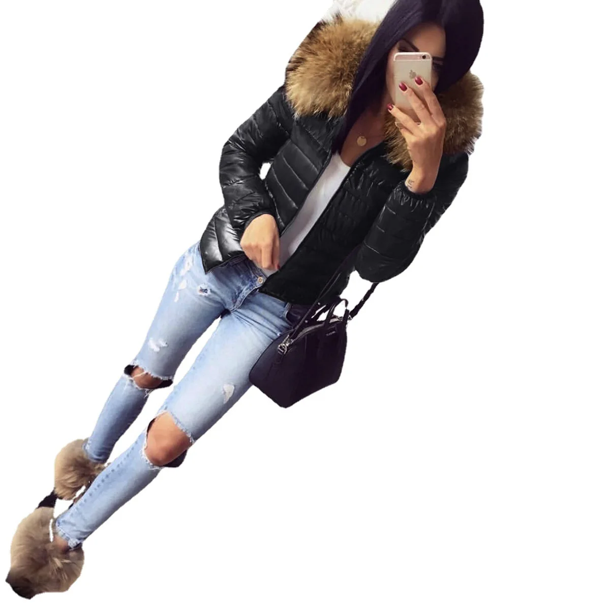 Women's Cotton-Padded Clothing Fall Winter Hooded Warm Imitation Fur Coat Top Women Faux Fur Coat