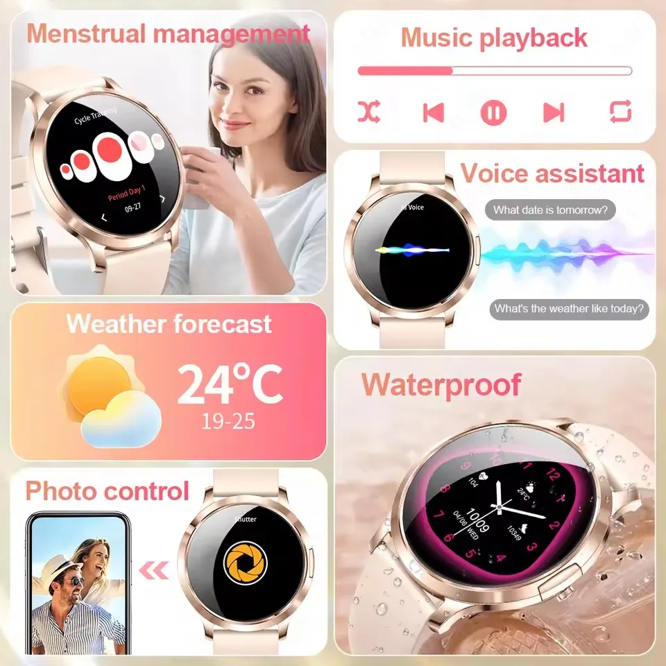 Умные часы для женщин, ультратонкие 7,9 мм, с AMOLED-экраном 1,32 дюйма, Bluetooth-вызовы, мониторинг сердечного ритма и сна, браслеты, цвет розовое золото, подарок (art.: 3920dbe2a2fe9) - 3920dbe2a2fe9