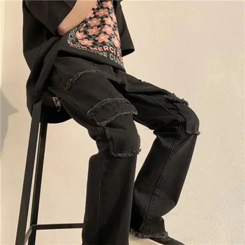 European American High Street Men Jeans Hip Hop Oversized Straight Cargo Mens Simple Solid Streetwear Big Pockets Denim Pants