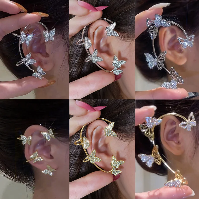 

Lovely Butterfly Ear Bone Clip On Earrings Women's Gold Silver Shiny Crystal Ear Covers Clip On Earrings Wedding Party Jewelry