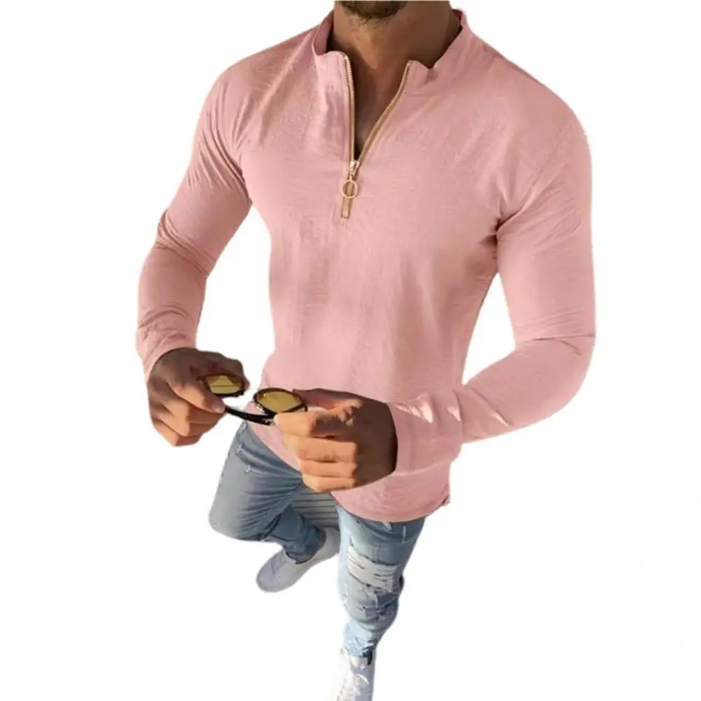 

Spring T-shirt Solid Color Stand Collar Young Leisure Men Shirt Men T-shirt for Daily Wear
