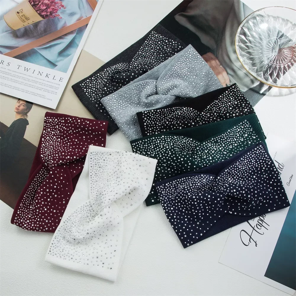 

New in 2022 Crystal Sparkling Headband Solid Color Wide Turban Twist Knitted Cotton Hairband Hair Accessories Twisted Knotted He