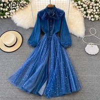 womens sequins clothing mesh stitching midi denim dress high end stringy stand collar lace up mesh stitching large swing dress