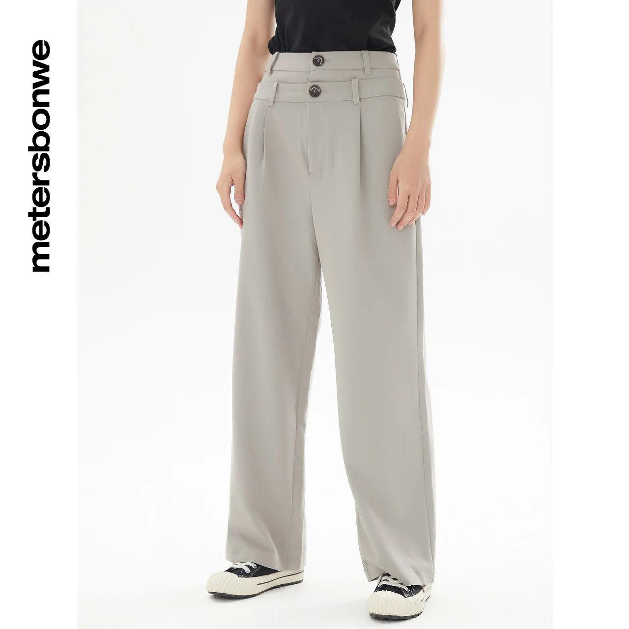 Metersbonwe Female Basic Double Waist Head Woven Wide Leg Trousers Women Spring Straight Hight Quanlity Office Lady Baggy Pants