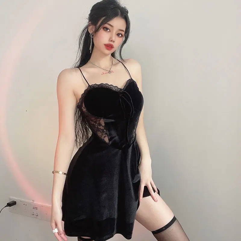 

Summer Elegant Dresses For Women A-Line Lace Robe Sexy Hollow Out Waist Fashion Black Party Dresses Sleeveless Strap Vestidos