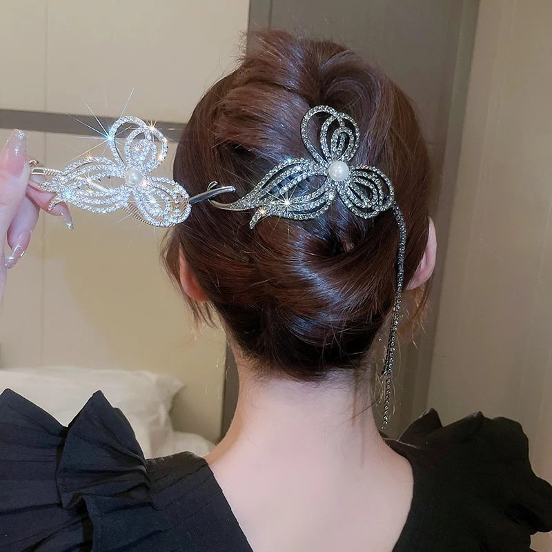

DREJEW Shiny Rhinestone Splay Clip Imitation Pearl Snake Hair Claws Metal Geometric Square Ornaments for Women's Hair