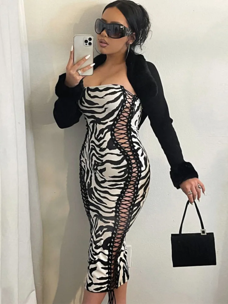 

Женское платье-миди на шнуровке, с принтом зебры