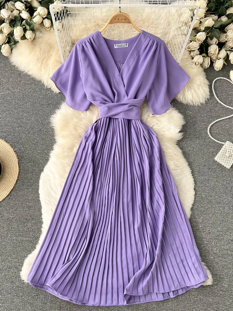 Summer Women's Dress Temperament French Pleated Slim Long Vacation Style Chiffon Pleated Skirt Solid Color V-neck Women's Dress