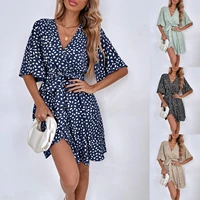 women sexy dress 2022 summer casual loose mini skirts fashion comfortable polka dot printed v neck a line belt dresses elegantes
