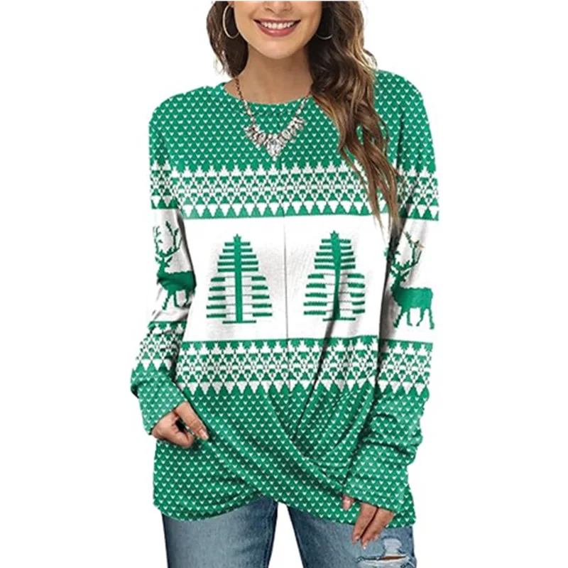 Женская рождественская футболка с длинным рукавом круглым вырезом и принтом