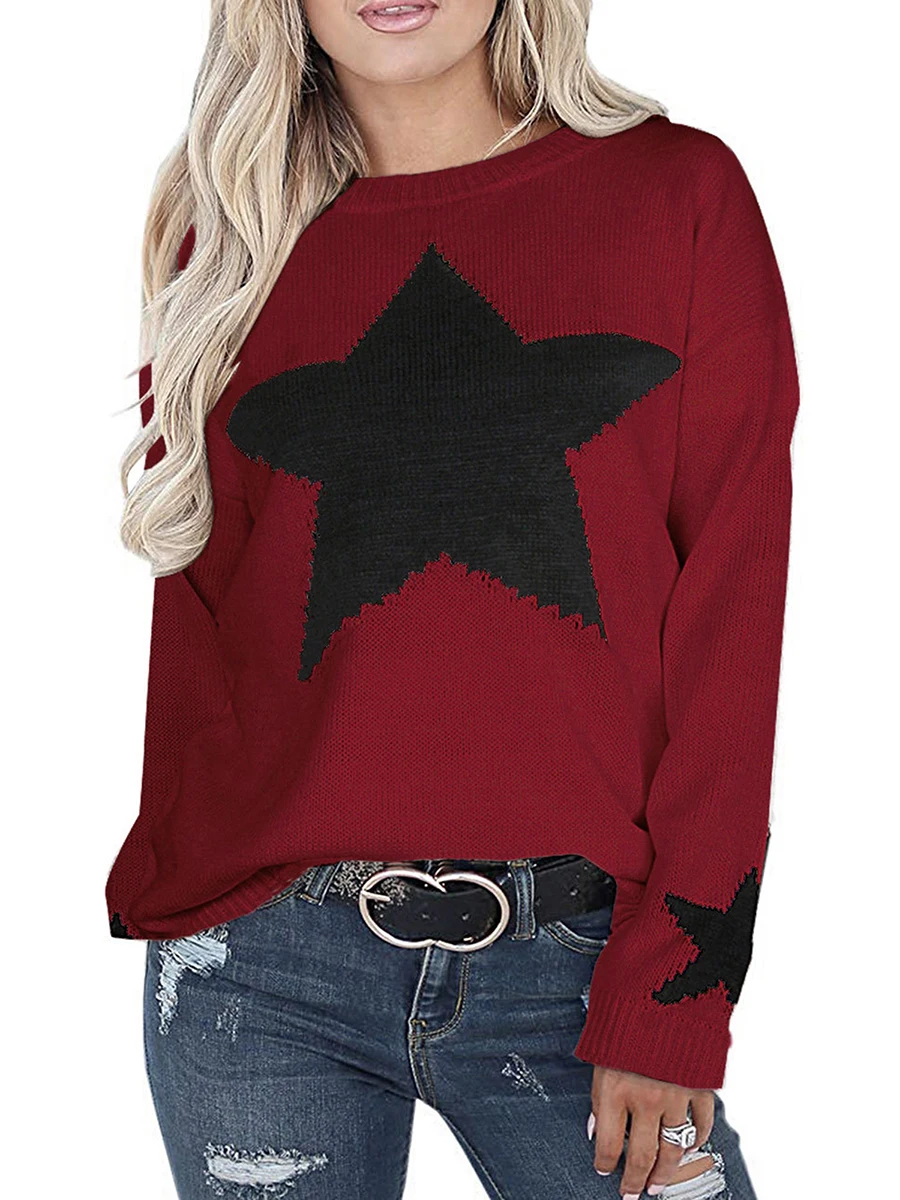 

Women Y2k Knit Pullover Sweaters Star Print Pattern Long Sleeve Crew Neck Casual Fashion Knitwear
