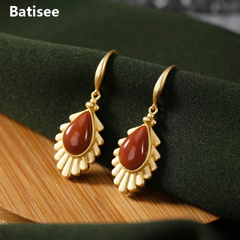 

Bastiee S925 Sterling Silver Drop Earrings Natural South Red Agate Personality Gold Plated Temperament Women Boucles D'oreilles