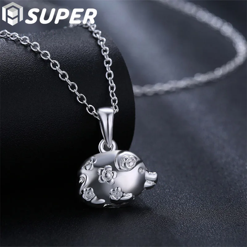 

925 Sterling Silver Cute Pig Pendant Necklace 16-30 Inch Snake Chain For Women Man Wedding Engagement Party Jewelry