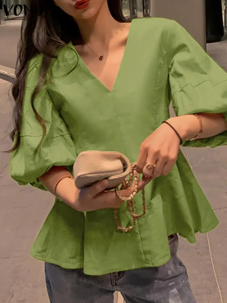 

Casual V Neck Party Tops Women Office Shirts 2022 VONDA Sexy Lantern Sleeve Tops Fashion Vintage Solid Color Blouse Femininas