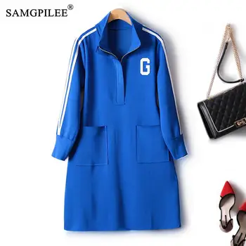 Dresses For Women 2022 Autumn Classic Sports Style European Letter Patch Striped Full Sleeve Straight Casual Stand Collar Dress 1