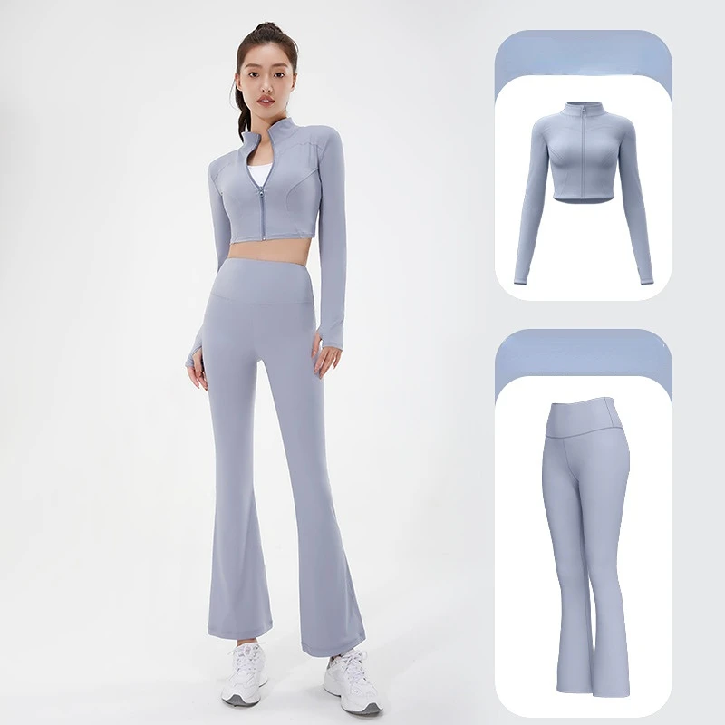 Women's Tracksuit Yoga Set Gym Training Running Sportswear Crop Top Coat Bell Bottom Pants High Waist Fitness Sports Two Piece