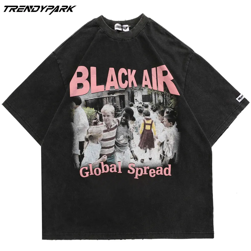 

Men T-shirt Children Print Washed Grey Distress O-neck Cotton Tops Harajuku Streetwear Casual 2022 Hip Hop Oversized T-shirt