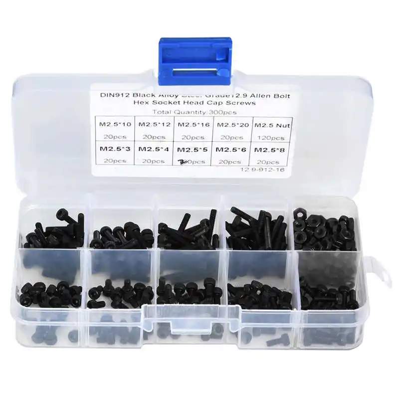 

300Pcs M2.5 x 3-20mm 12.9 Grade Black Alloy Steel Hex Socket Head Cap Screw with Nut Assortment Kit tornillos para madera
