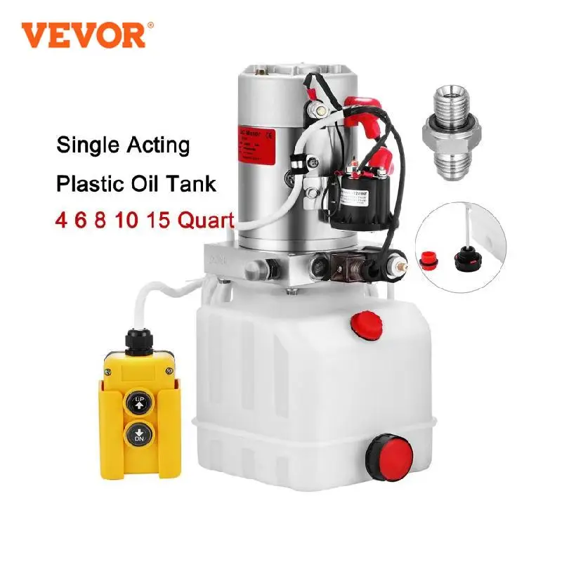 

VEVOR 12V DC Hydraulic Pump Single Acting With 4 6 8 10 15L Plastic Oil Tank for Dump Trailer Tailgate Car Jak Lift Power Unit