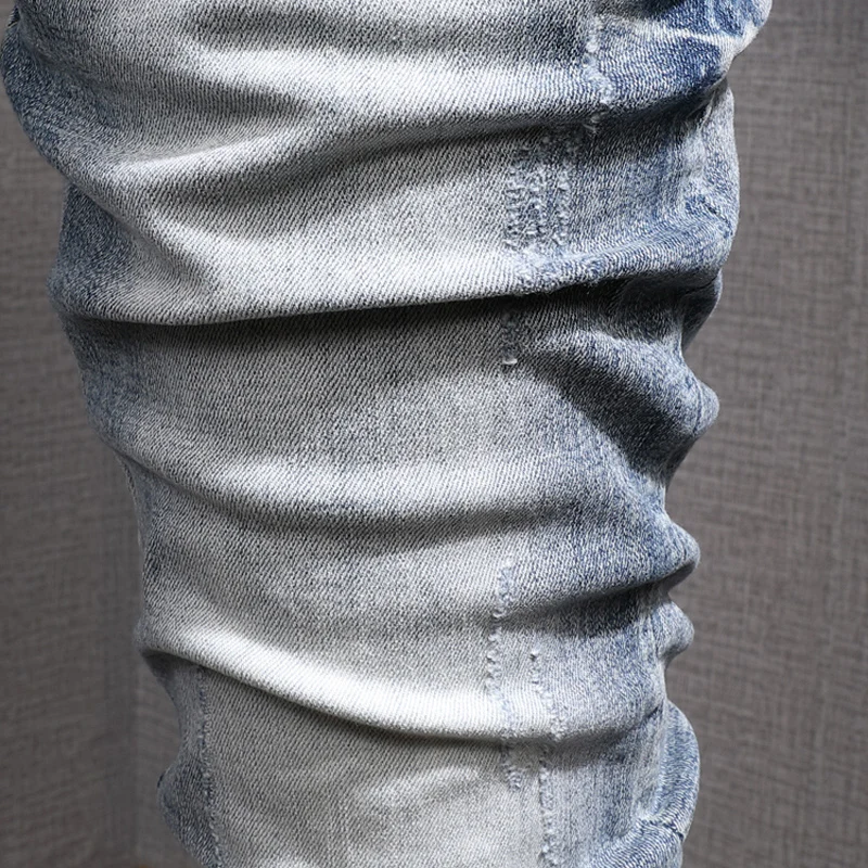 Fashion Designer Mens Jeans Retro Light Blue Stretch Slim Fit Printed Ripped Hole Denim Trousers Vintage Casual Pants Hombre