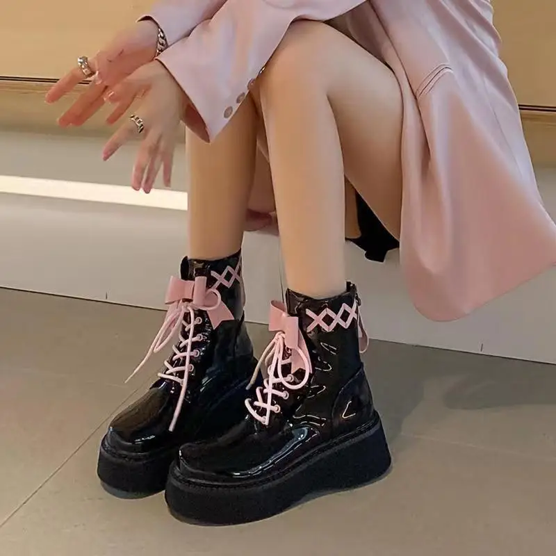 

HOUZHOU Pink Bow Platform Ankle Boots Woman 2022 Autumn Winter Fashion Designer Chunky Kawaii Shoes Harajuku Footwear