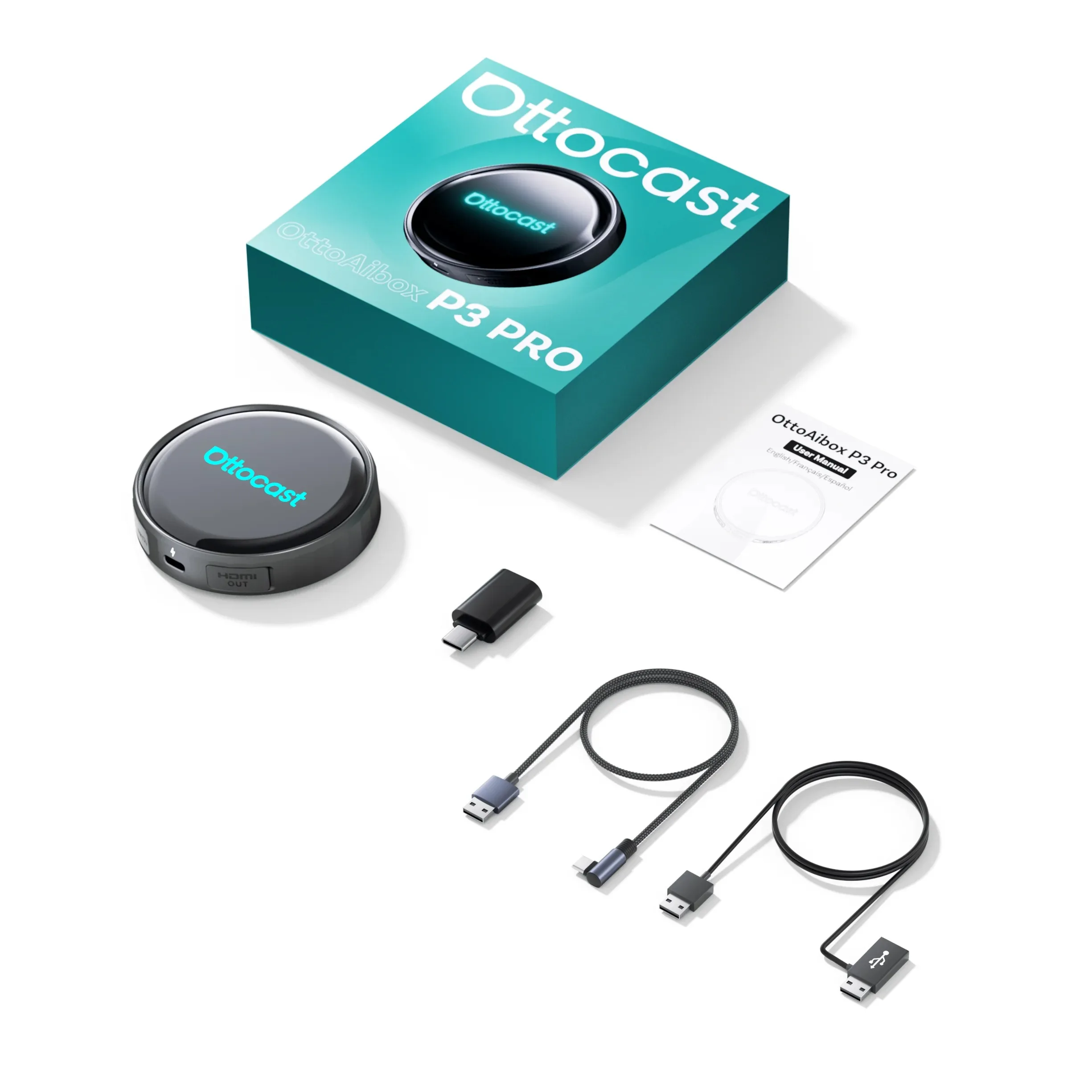 

OTTOCAST P3 Pro Video Box Беспроводной адаптер Carplay Android Auto 8 ГБ 128 ГБ с голосовым управлением AI QCM 6225, выход HDMI для Netflix YouTube