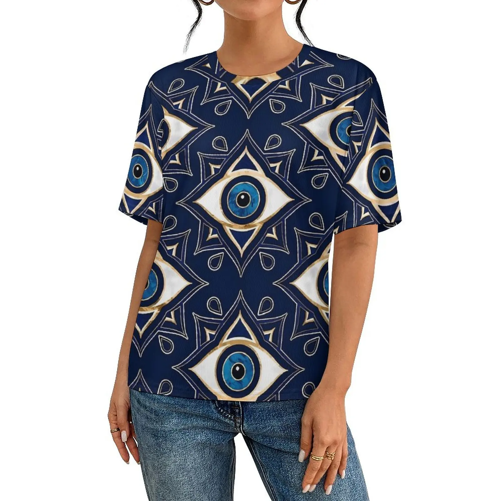 Пара футболок сглаза синие и золотые футболки в стиле Харадзюку топы с короткими