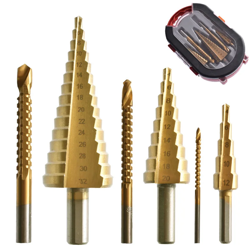 

6Pcs HSS Steel Titanium Step Drill Bit Set 4-12/20/32mm Metal Hole Cutter Wood Cone Core Drilling Hole Saw Tool 3/6.8 Saw Drill