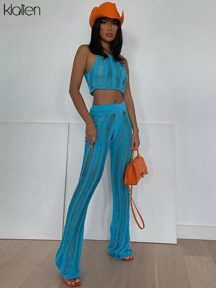 

KLALIEN Women Tracksuit Fashion Sexy See Through Crop Top and Flare Pants Two Piece Set Female Streetwear Y2K Activewear Suit