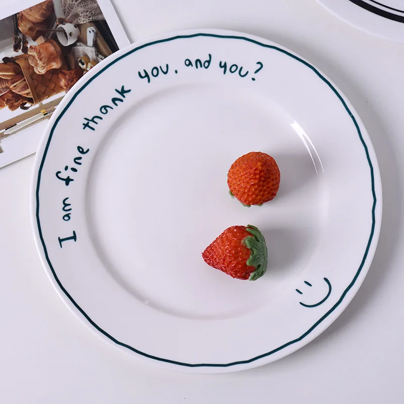 

8-inch English Ceramic Plate Simple Style Creative Tableware Letter Smiling Face Dessert Flat Plate Gourmet Set Sauce Dishes