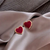 sweet burgundy enamel heart stud earrings for women girl vintage irregular earrings jewelry