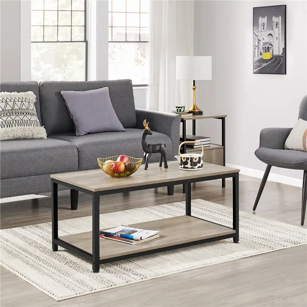

Industrial Coffee Table with Storage Shelf, Rustic Gray