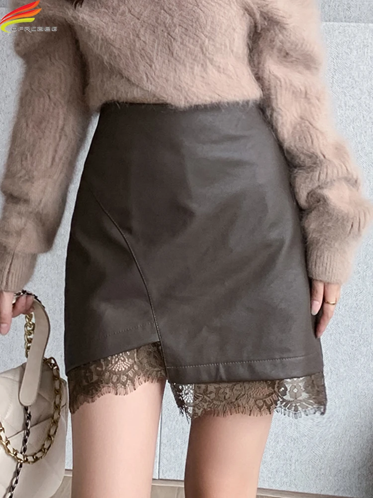 

DFRCAEG 2022 Autumn Winter Women Leather Skirt Mini Side Lace Patchwork Irregular High Waist A Line Khaki Or Black PU Skirts