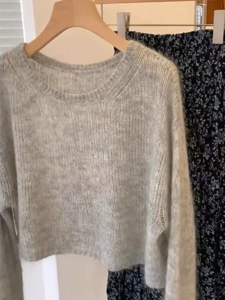 Серый мохеровый свитер с круглым вырезом Idle Sle женская осенне-зимняя внутренняя