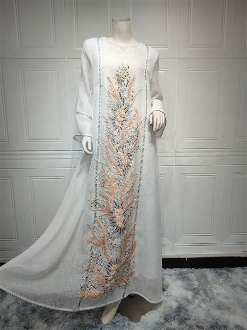 Elegant Casual Floral Embroidery Sequins Beading Long Dress Eid Mubarak Kaftan Dubai Abaya Turkey Muslim Prom Dresses