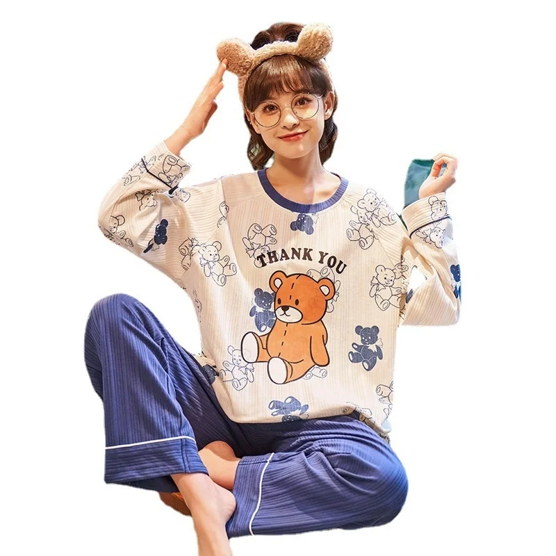 new style pajamas female long sleeve cotton cartoon cute spring and autumn simple girls can wear home clothes