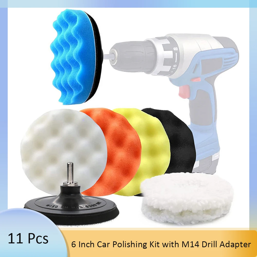 6 Inch Car Polishing Kit Buffing Sponge Pads Wool Bonnet Pads for Household Electric Drill and Auto Polisher with 8mm M14 Drill