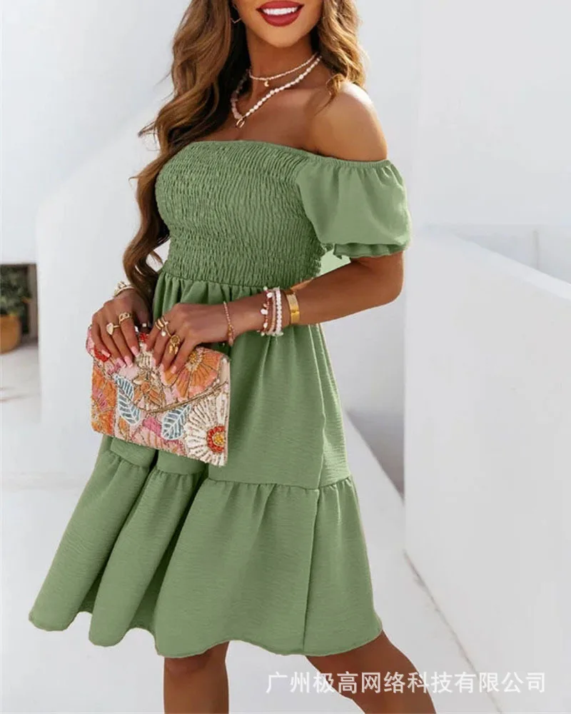 

Women Slash Neck Strapless Short Sleeve Off Shoulder Shirred Flowy Swing Dress Summer Spring Party Sexy Fashion