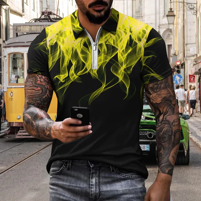 

Men's Polo Shirt Eight Color Flame 3D Print Polo Shirt Summer Breathable Quick Dry Short Sleeve Lapel Zip Top Fashion Streetwear