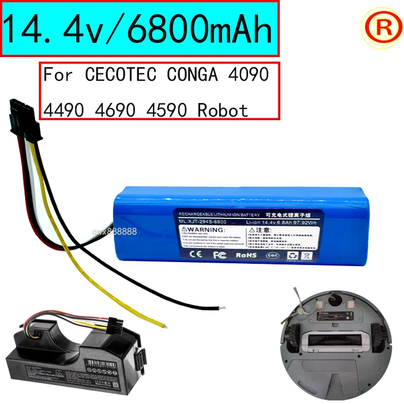 

New 5600mAh/6800mAh Li-ion Battery for CECOTEC CONGA 4090 4490 4690 4590Robot Vacuum Cleaner 14.4V 14.8V 18650 4s2p