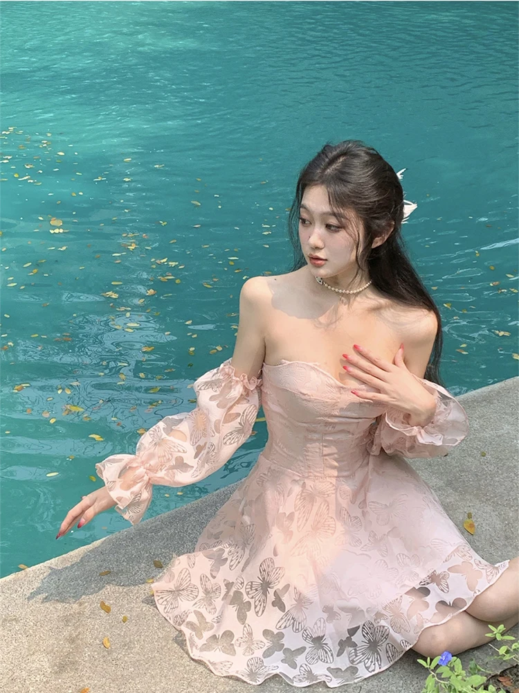 

Fairy Pink Hollow Out Butterfly Princess Dress Cute Puff Sleeve Summer Off Shoulder Sexy Dresses Sweet Mini Mesh Ball Gown 2023