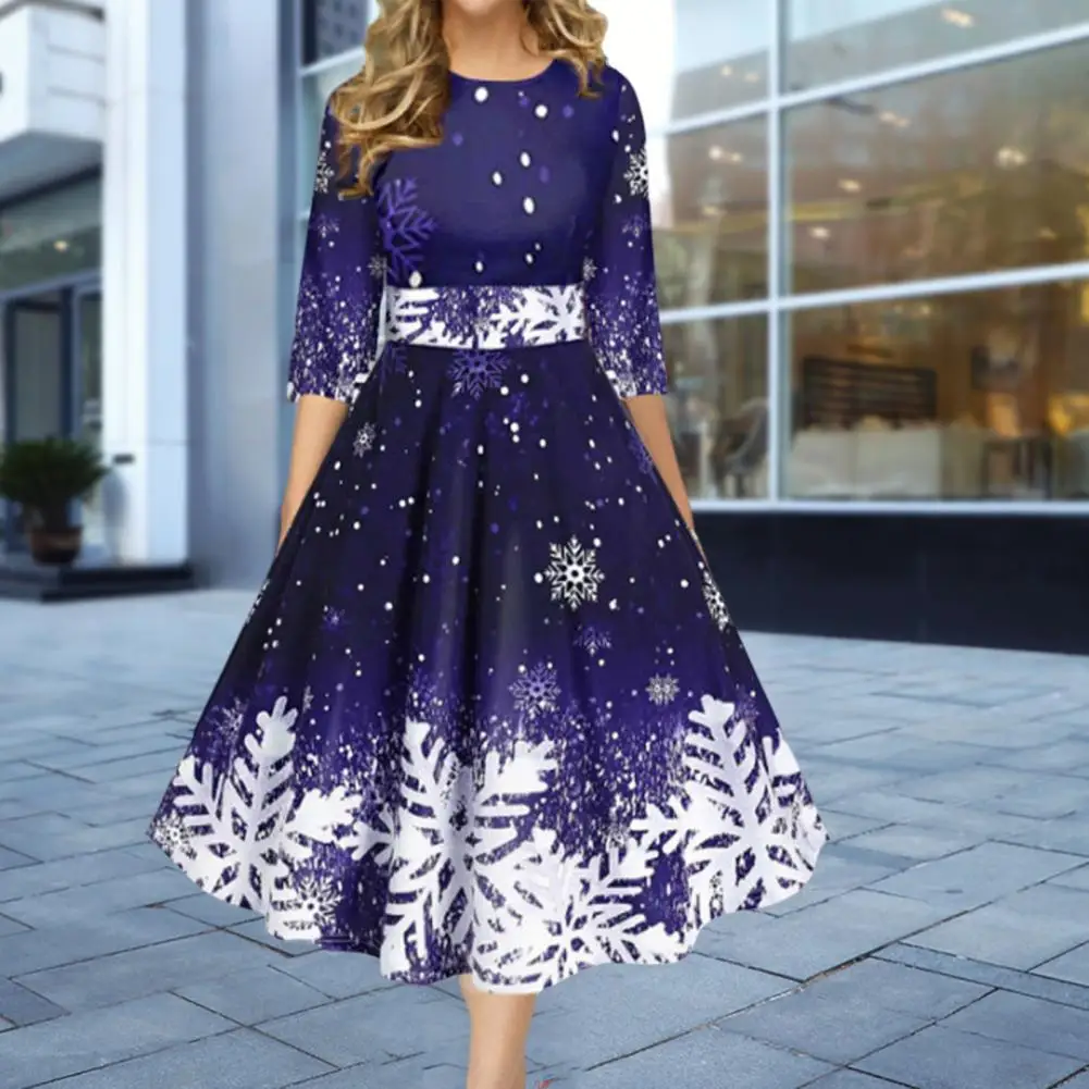 

O-Neck 3/4 Sleeves Waist Tight High-Waist Christmas Dress Xmas Snowflake Print Large Hem A-Line Midi Dress